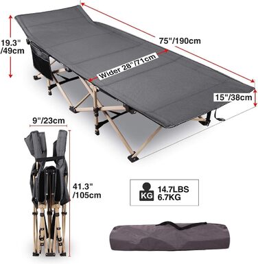 Розкладне кемпінгове ліжко REDCAMP XXL, посилене ліжко для відпочинку (ширина 71 см, навантаження до 226 кг), сіро-чорне