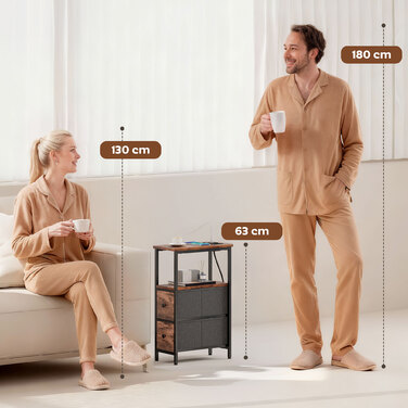 Журнальний столик-приліжний столик з підзарядною станцією, сталевий каркас, 2 висувні ящики з тканиною, відкритий відсік, розміри 20x40x63 см, колір: рустикальний коричневий.