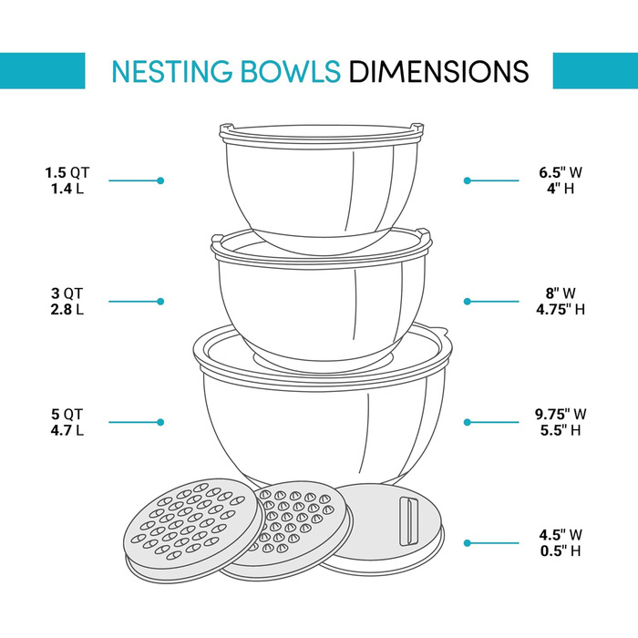 Набір місок для змішування з нержавіючої сталі з кришкою, терткою, ручкою, виливом та герметичним кришкою, антиковзний набір місок для приготування, випічки, зберігання продуктів (3 шт.) Чорний