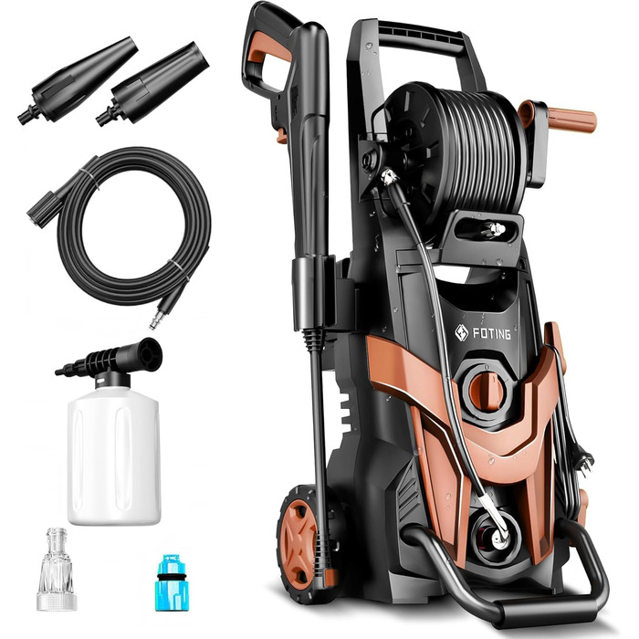 Високотискний мийник 2026 Neu 180 бар, 6-в-1 насадка, 420 л/год, 50 м²/год, економія води, пінозмішувач 500 мл, котушка для шлангу (33x30x71 см), червоний