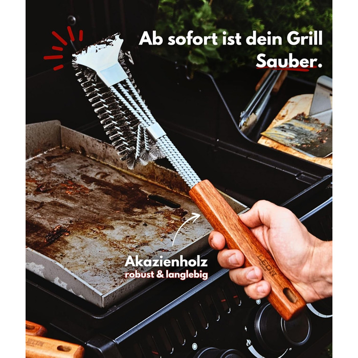 Набір для гриля: щипці, лопатка, виделка, щітка для чищення. Підходить для газових грилів. Подарунковий набір з нержавіючої сталі та акації (4 шт.)