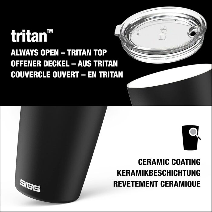Кружка SIGG Neso Pure Ceram з Tritan-кришкою, нержавіюча сталь 18/8, 0.3/0.4L, чорна, миється в посудомийній машині, BPA-free