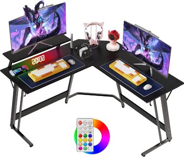 Ігровий кутовий стіл Devoko 130x130 см з LED RGB-підсвічуванням, підставкою для монітора та гачком для навушників, карбоновий білий колір
