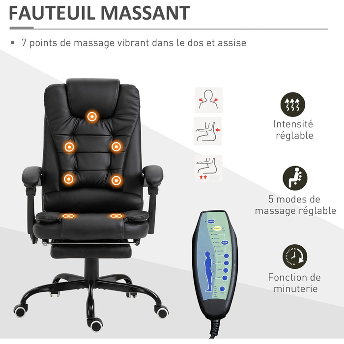 Крісло офісне Vinsetto з масажем, ергономічне, регульоване, чорне