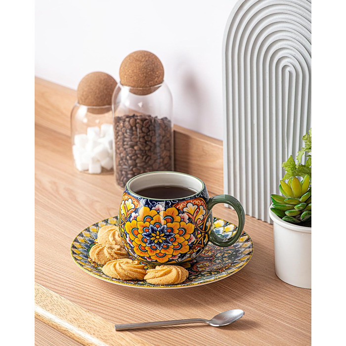 Набір кавових чашок Henten Home з порцеляни, 6 шт., 250 мл, ручної роботи, набір для 6 осіб, включає чашки та блюдця (600 мл)