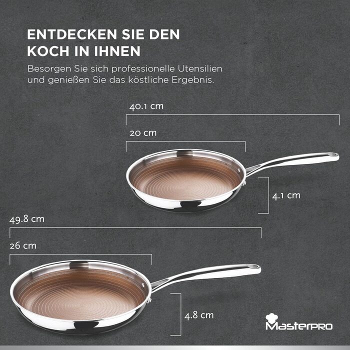 Набір сковорідок MasterPRO GIRO 2 шт. (20см & 24см) з антипригарним покриттям ILAG, нержавіюча сталь, для індукції та духовки, без PFAS/PFOA/PTFE