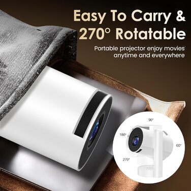 Портативний проєктор Mini Beamer 4K/1080p з Wi-Fi 6, Bluetooth 5.4, Android 13.0. Короткий фокус, поворот 270°, авто-корекція трапецеїдальних спотворень. Підтримка HDMI, TV Stick, Laptop, Memory Stick