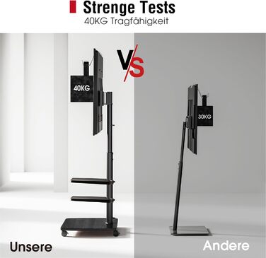 Підставка для телевізора мобільна з поличками Holz, 32-65 дюйми, чорна, VESA 400x400, до 40 кг