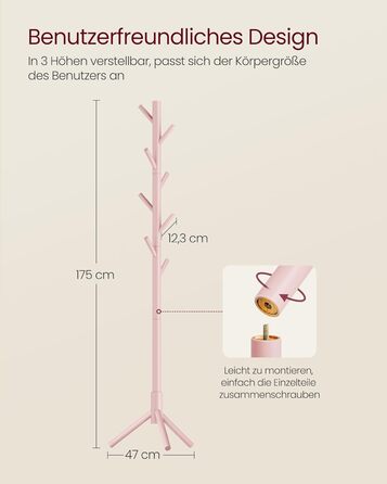 Стійка для одягу VASAGLE з масиву дерева, дерев'яна вішалка для одягу з 8 гачками, 3 регульовані висоти, для одягу, капелюхів, сумок, вітальні, спальні, офісу, RCR04GY (Пастельно-рожевий)