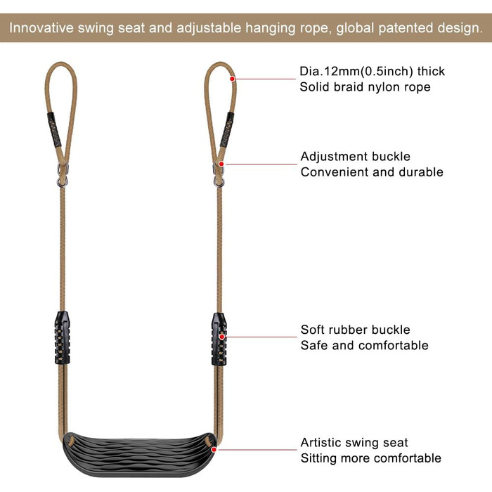 Гойдалка садові SELEWARE для дітей та дорослих: комплект з канатом 2м та 2 карабінами, чорна (Noir-2er)