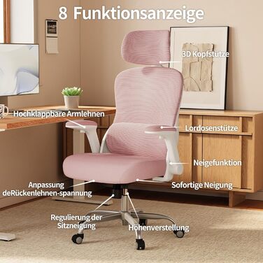 Ергономічне крісло TRALT для офісу та дому: ігрове крісло з регульованою підголівником та поперековою підтримкою, mesh-крісло, 150 кг, рожеве