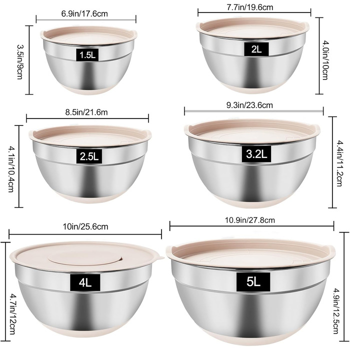 Набір міксерів YlYADl (31 предмет) - 6 нержавіючої сталі миски з кришкою та силіконовим дном (0.8-2.9L), стекові, 3 насадки-тертки