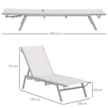 Outsunny Sun Lounger Садовий шезлонг з регульованою подушкою 5-ступінчастою спинкою Металева сітка тканина кремовий білий 170x58x97см для патіо та балкона