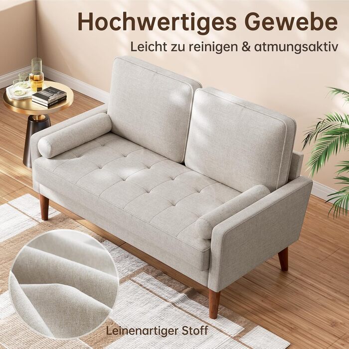 Диван Vesgantti 2-місний, 121 см, сучасний дизайн, з 2 подушками, для вітальні/квартири/офісу, тканина льон, колір пісочний