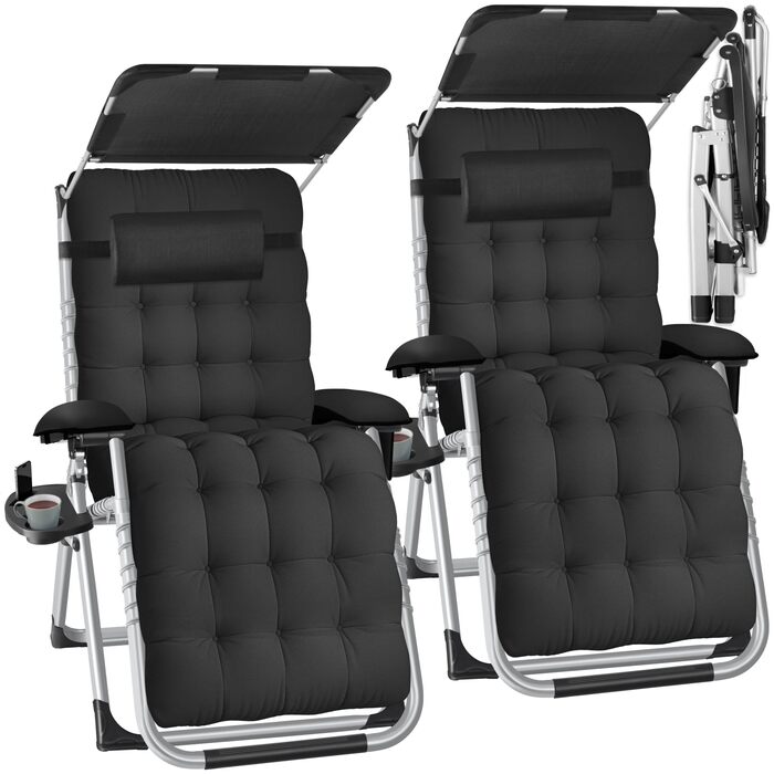 Тектейк® Розкладна сонцеліжка, садовий лежак з сонцезахисним дахом, крісло для відпочинку на балконі або в саду, лежак з додатковою товстою подушкою, розслаблююча сонцеліжка, витримує до 200 кг - (2 шт. з сонцезахисним дахом, чорний)