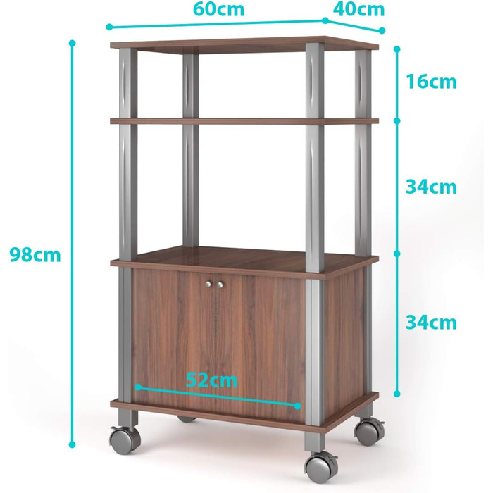Візок для мікрохвильової печі Giantex з колесами, 3 яруси, дверцята шафи, 60x40x98 см, кава