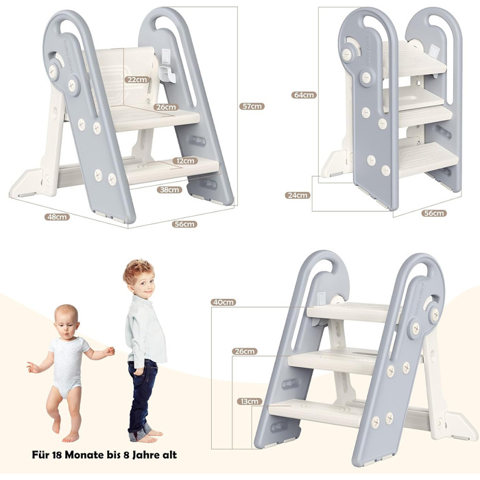 Дитячий підсвічник Onasti Tritthocker: регульована висота, 3 ступені, з ручками, складний, анти-кіп та анти-ковзний, для кухні, ванної кімнати, умивальника та туалету (сірий)