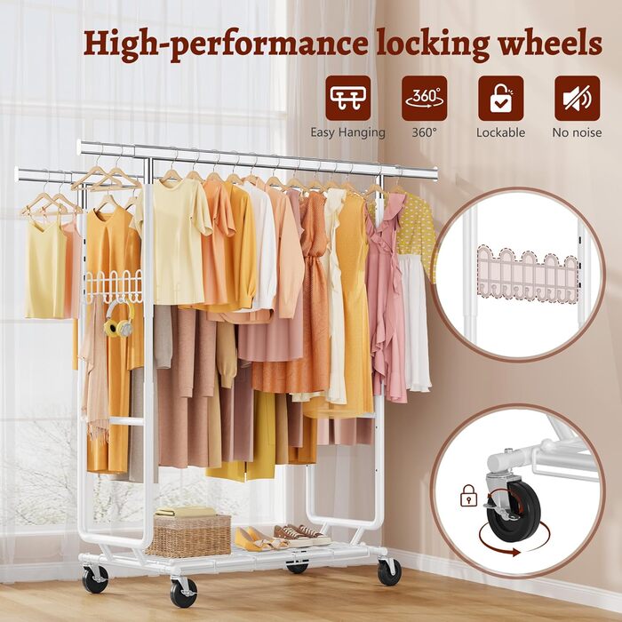 Стійка для одягу на колесах FAVOOOSTY, металева, мобільна, до 200 кг, швидка установка, біла, 2 стяжки