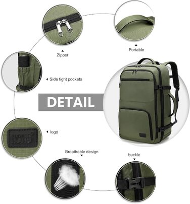 KONO Рюкзак для ручної поклажі в літак, великий, водонепроникний, 55 x 35 x 20 см, 38L, зелений