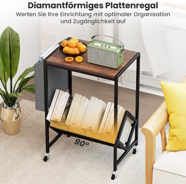 COSTWAY Регулятор для платівки, полиця для платівок з місцем для зберігання вінілу та журналів, підставка для платівок з фіксуючими колесами, приліжкова тумбочка для вітальні, спальні (колір: коричневий)