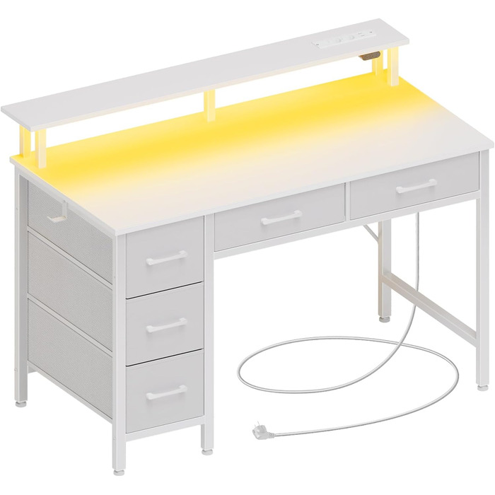 Комп'ютерний стіл Seventable з розетками та LED-підсвічуванням, 100 см, ігровий стіл з 5 шухлядами, стіл для офісу, робочого кабінету, спальні, вітальні, білий