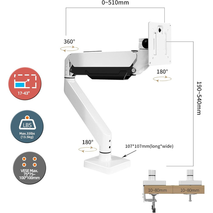 Тримач для монітора Hillport M7P: 17-43 дюйми, VESA 75/100 мм, до 13.5 кг