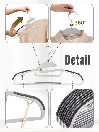 50 штук вішалок для одягу з пластику HOUSE DAY - міцні, з неслизьким покриттям, 360° обертання, сірі