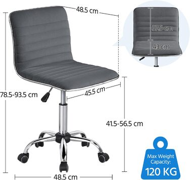 Офісне крісло Yaheetech без підлокітників, ергономічне, з регулюванням висоти, поворотне на 360°, з м'якою оббивкою з велюру, сірого кольору