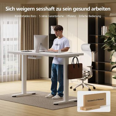 Регульований стіл, 160x80 см, електричний стоячий стіл з подвійним мотором, сенсорна панель, USB-A, кабель-менеджмент, стільниця 25 мм, ергономічний офісний стіл, білий