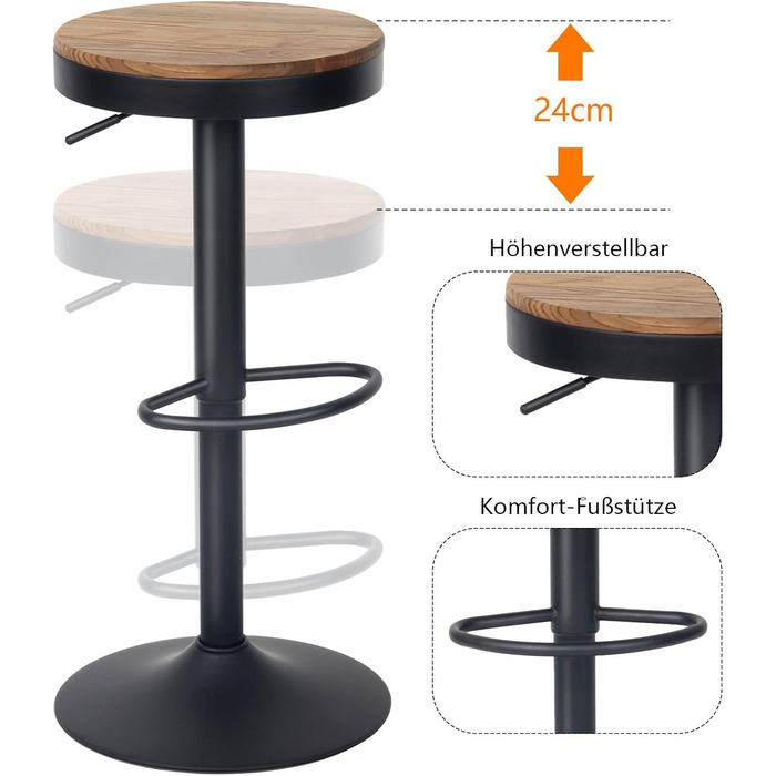 Барні стільці Kidol & Shellder 2 шт. Регульована висота, поворотні на 360°, кругла дерев'яна стільниця на металевому каркасі, чорний колір. Підходять для кухні, бару, вітальні.