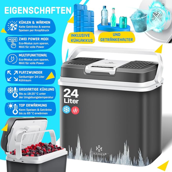 Автомобільний термобокс KESSER 24л: Електричний холодильник/грілка 12/230V для авто, човна, кемпінгу. Режими ECO та MAX, колір антрацит