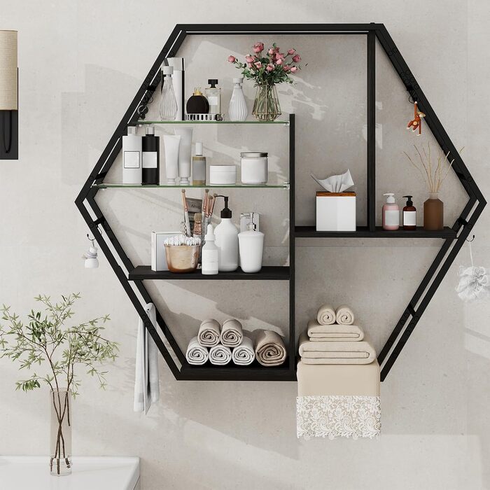 Підвісні полиці YU YUSING з RGB підсвічуванням (7 кольорів), з 8 гачками, для ігор, декору, спальні, кухні, бару, ігрової кімнати, гексагональної форми, 100x20x87 см