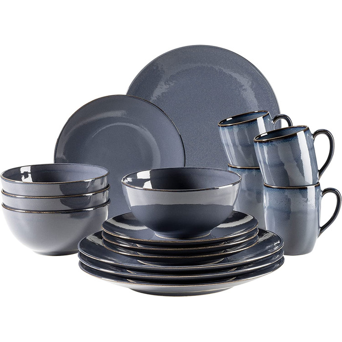 Набір посуду MSER 931547 Ossia для 4 осіб у вінтажному середземноморському стилі, комбінований сервіз з 16 предметів з кераміки (темно-сірого кольору)