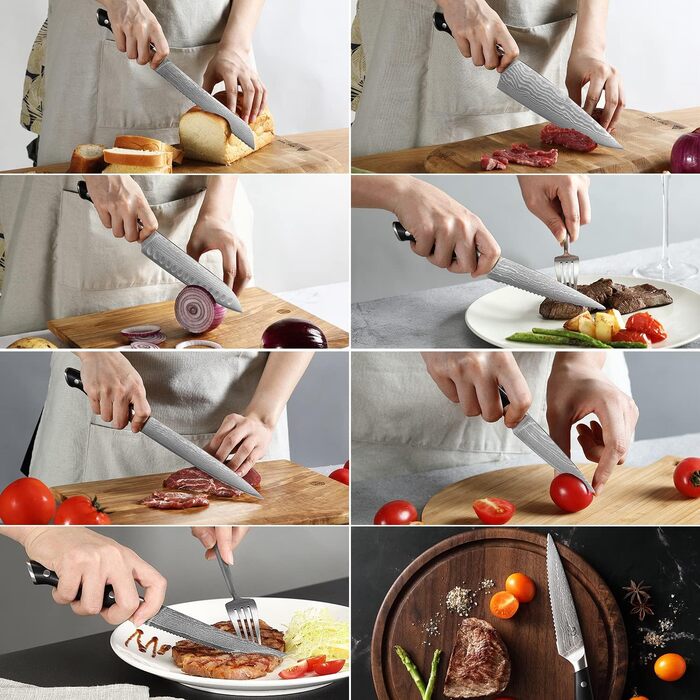 Набір кухонних ножів Дамаск з дерев'яним блоком, професійний кухонний набір ножів VG10, 67 шарів, преміум якість (сірий)