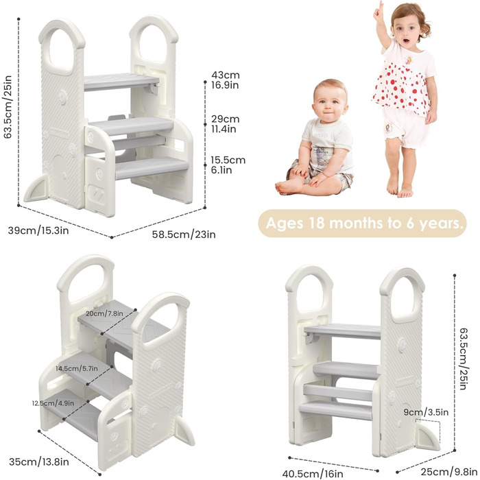 Дитячий тривалий стільчик Hoopyosms з регулюванням висоти, складний, з поручнями, антиковзкий, для ванної та кухні, сірий