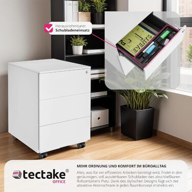 Шкафчик для офісу tectake® з металу, з ключем, на колесах, з висувними ящиками. Органайзер для столу, мобільний шафчик, білий