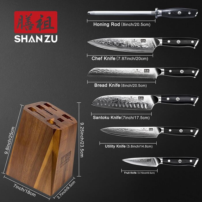 Набір кухонних ножів SHAN ZU PRO Series з дамаської сталі (67 шарів) з ручкою G10, 20 см (набір з бруском)