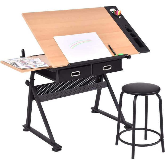 Стол для малювання RELAX4LIFE з регулюванням висоти та нахилу, з ящиками та пуфом, 110 x 69,2 x 73,5-98 см, професійний стіл для художника з двома столешницями, дерев'яний