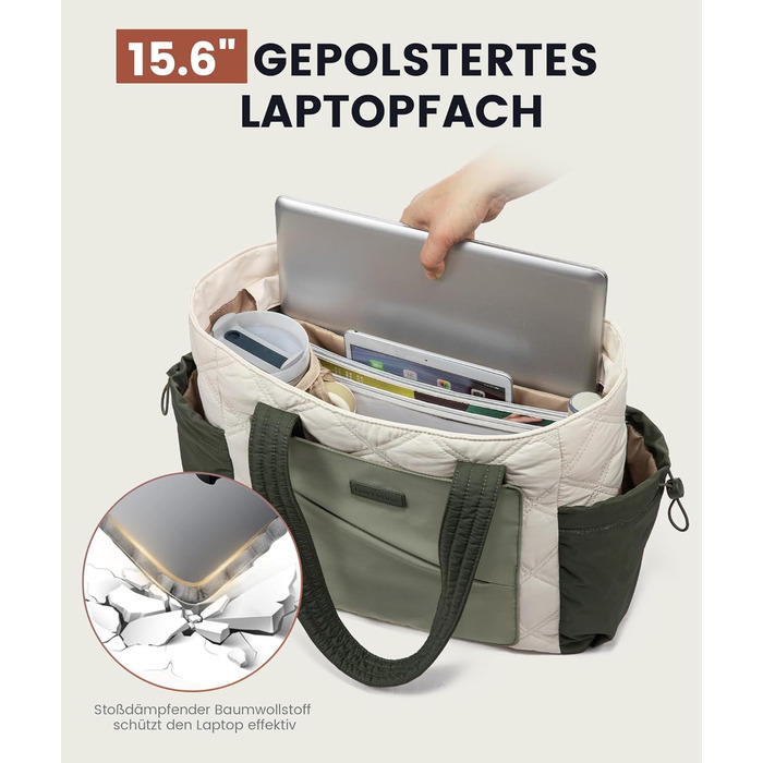 Сумка-шопер LOVEVOOK для жінок: велика, легка, для ноутбука 15,6/17,3 дюймів, робоча/університетська, для роботи, навчання, подорожей (бежево-зелений)