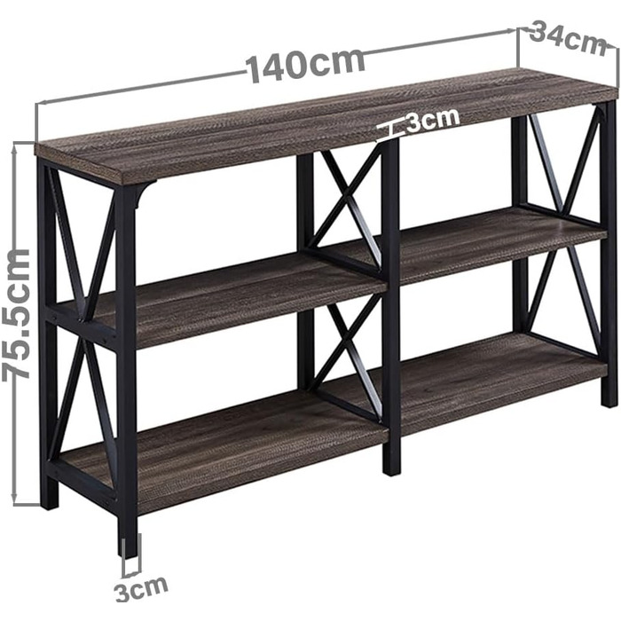 Консольний стіл Mudmasa Дерево, 3 яруси, металевий каркас, 140x34x75.5 см, темно-сірий, для передпокою/вітальні