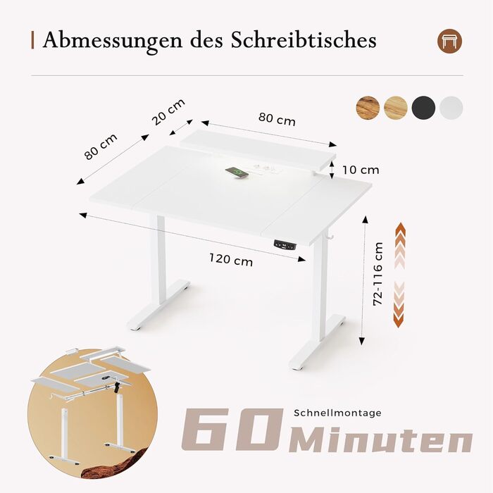 Регульований по висоті письмовий стіл Klicelor 140x60 см з LED-підсвіткою та розетками, геймерський стіл для офісу з підставкою для монітора, білий