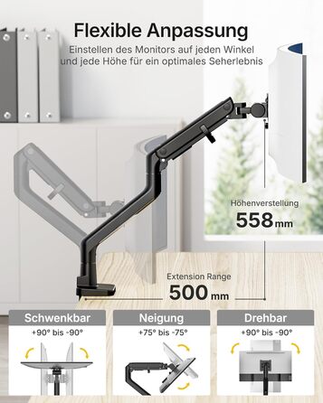 Підставка для монітора monTEK, 17-57 дюймів, газліфт, 27 кг, VESA 75/100 мм, білий/чорний