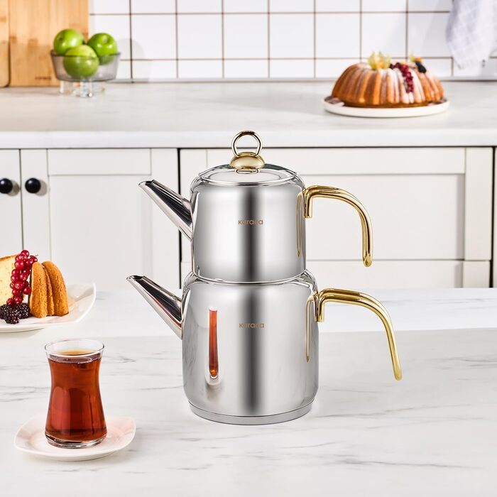 Набір для заварювання чаю Karaca New Mira Gold: чайник 1л та чайник-самовар 2л з нержавіючої сталі, індукційний, для турецького чаю