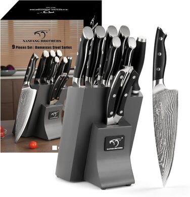 Набір кухонних ножів NANFANG BROTHERS 9 предметів з дамаської сталі, кухонний набір ножів для професійних кухарів, з ергономічною ручкою (сірий)