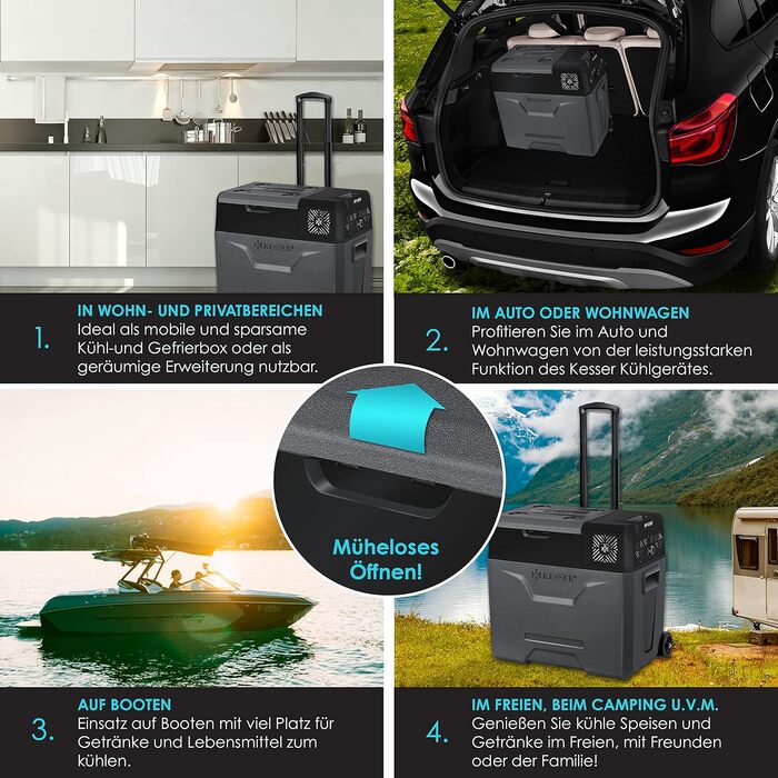 Електрична холодильна та морозильна камера KESSER® Kompressor, 50 літрів з керуванням через APP, USB, 12/24V/230V, телескопічна стійка, акумулятори холоду, колеса, охолодження до -20°C для авто, вантажівок, човнів, антрацит/чорний
