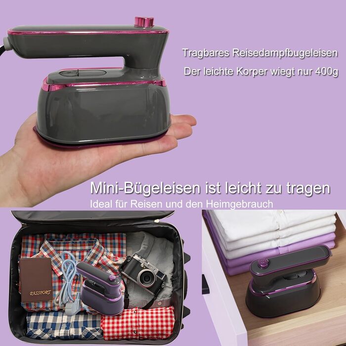 Паровий праска Mini, 1200 Вт, складана, портативна, для подорожей, керамічна підошва, швидкий нагрів 20 сек, білий/фіолетовий