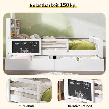 Дитяче ліжко Кiндербет 90x200 з шухлядами, полiцями та захистом, бiле. Ліжко-трансформер для підлітків, бiле, без матраца