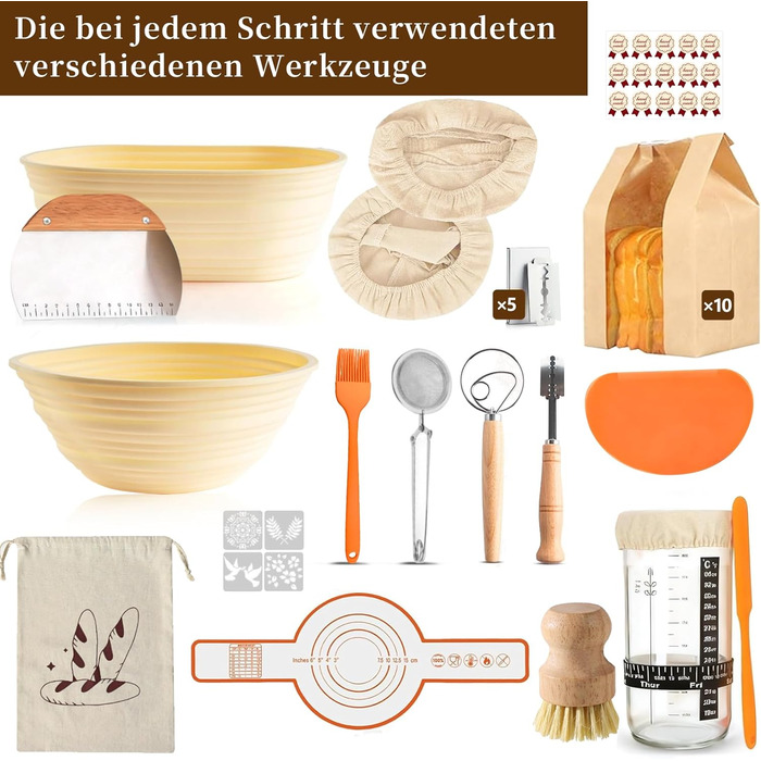 Набір для закваски хліба: 31 корзинка для бродіння, корзинки з силікону, форма для хліба, ніж для хліба, льняна тканина, сумка, скребок для тіста та щітка для початківців та досвідчених