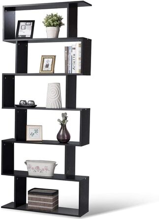 Дерев'яна книжкова шафа BAKAJI з 6 полицями, зигзаг сучасного дизайну для вітальні, вітальні, дому або офісу, розмір 80 x 24 x 190 см (чорний)