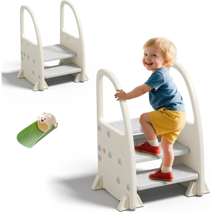 Дитячий табурет Hoopyosms Tritthocker з ручкою, сірий. Безпечний, з 2/3 сходинками для ванної, кухні та туалету